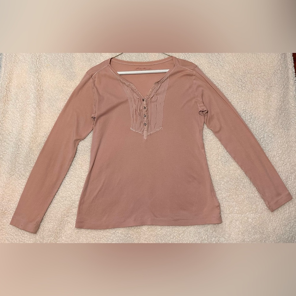 Eddie Bauer light pink Ruffle Henley Shirt Women's large Long Sleeve Cotton
